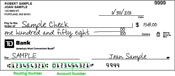 TD Bank Routing Number Sample