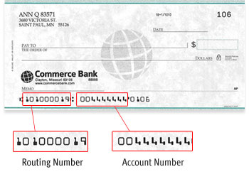 Commerce Bank Check with Routing Number 101000019 and Account Number